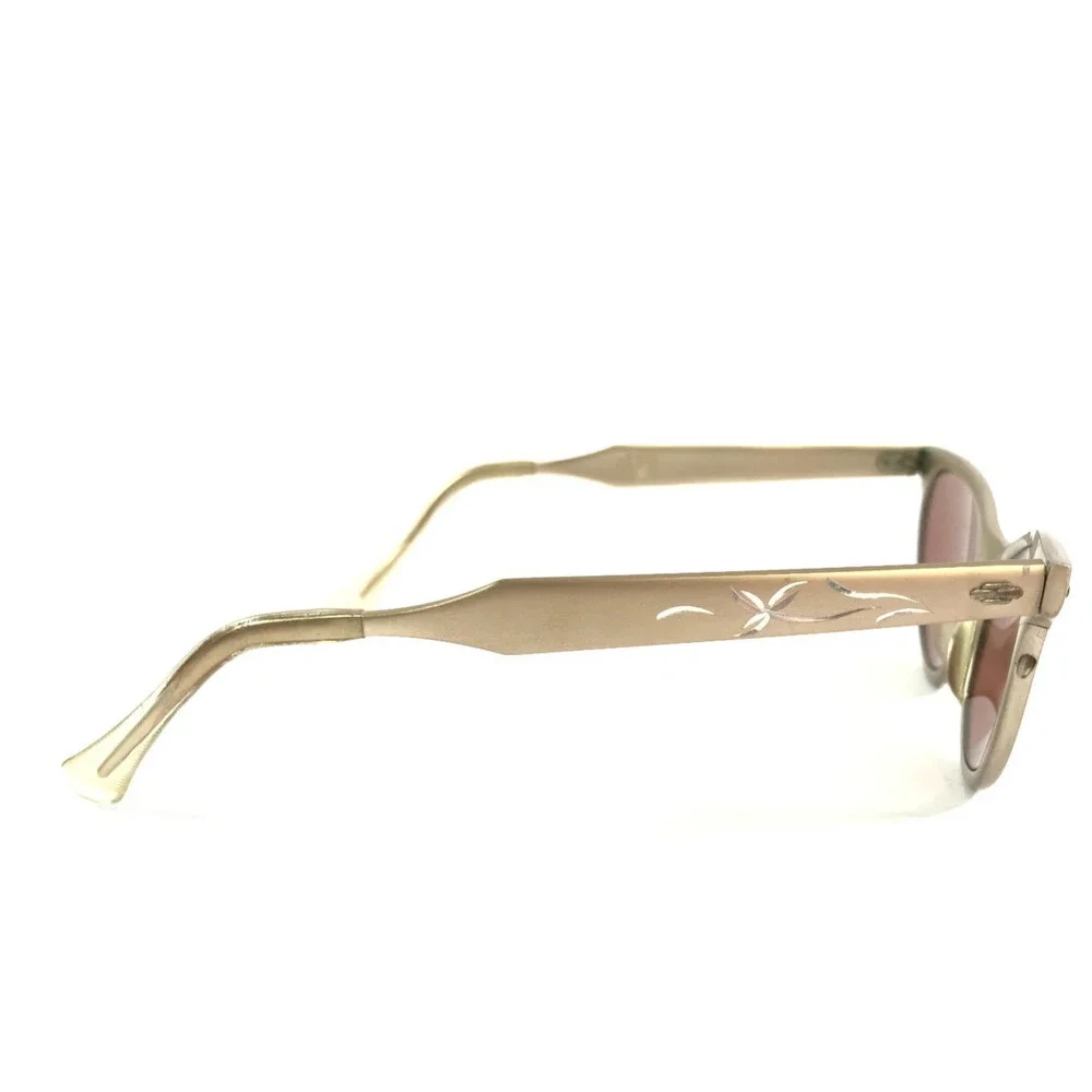 Vintage Artcraft Sunglasses 4-5 1/4 Satin Gold Aluminum Cat Eye w/ Red Lenses